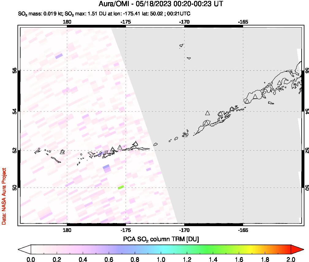 A sulfur dioxide image over Aleutian Islands, Alaska, USA on May 18, 2023.