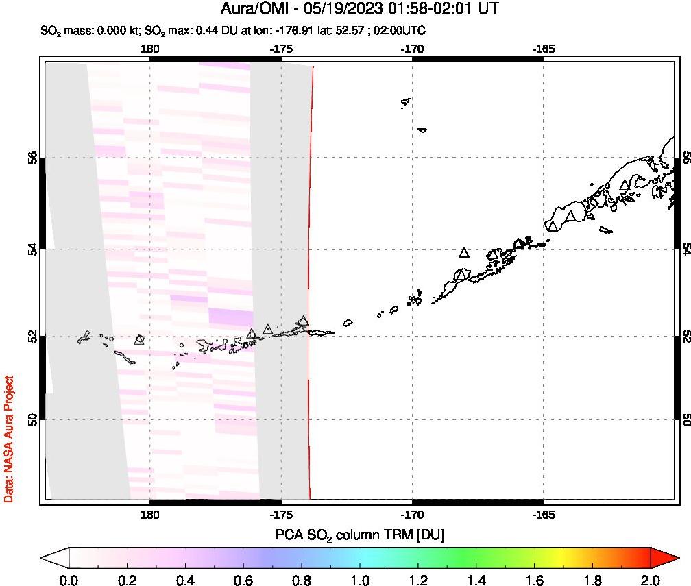 A sulfur dioxide image over Aleutian Islands, Alaska, USA on May 19, 2023.