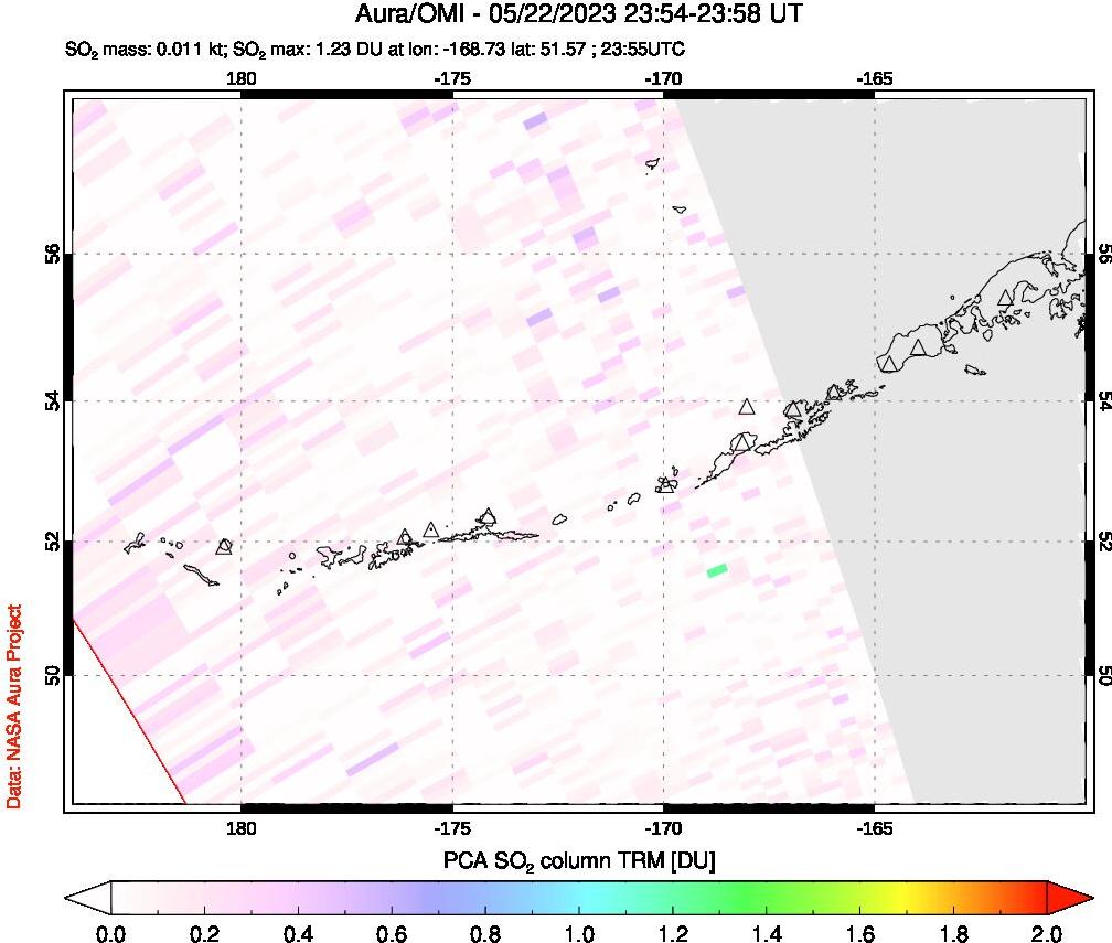 A sulfur dioxide image over Aleutian Islands, Alaska, USA on May 22, 2023.