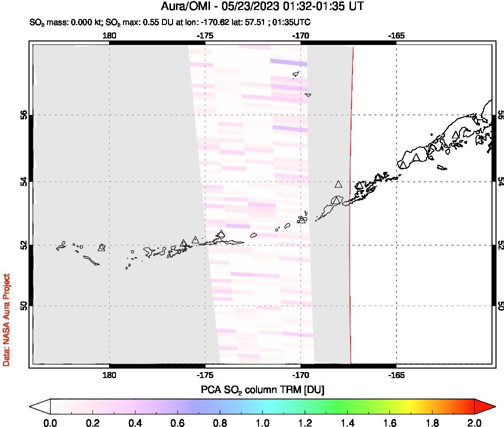 A sulfur dioxide image over Aleutian Islands, Alaska, USA on May 23, 2023.