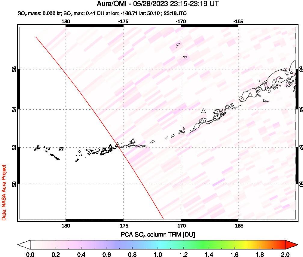 A sulfur dioxide image over Aleutian Islands, Alaska, USA on May 28, 2023.