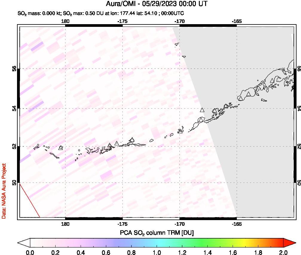 A sulfur dioxide image over Aleutian Islands, Alaska, USA on May 29, 2023.