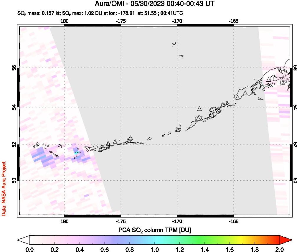 A sulfur dioxide image over Aleutian Islands, Alaska, USA on May 30, 2023.