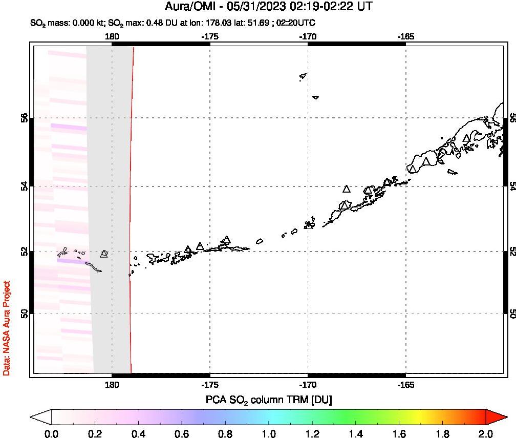 A sulfur dioxide image over Aleutian Islands, Alaska, USA on May 31, 2023.
