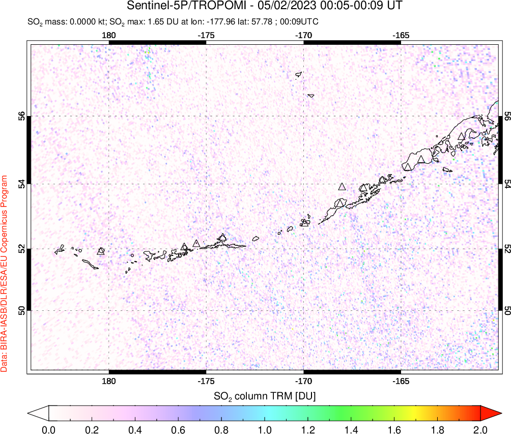 A sulfur dioxide image over Aleutian Islands, Alaska, USA on May 02, 2023.