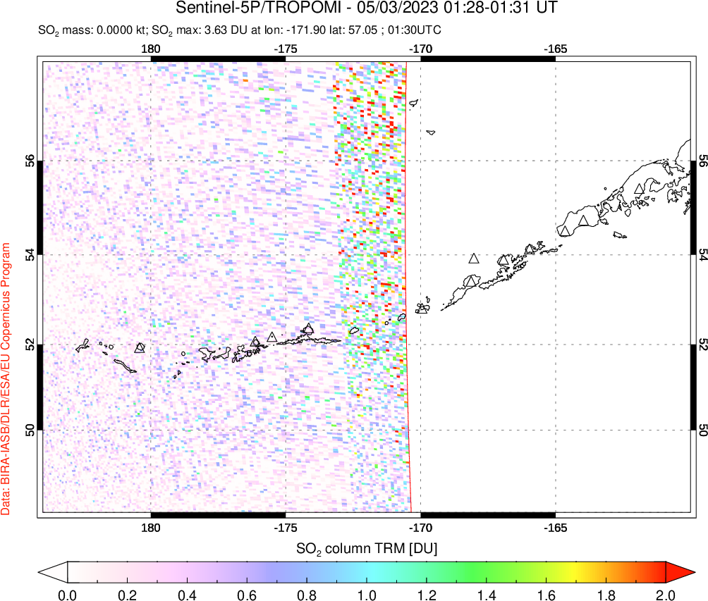 A sulfur dioxide image over Aleutian Islands, Alaska, USA on May 03, 2023.