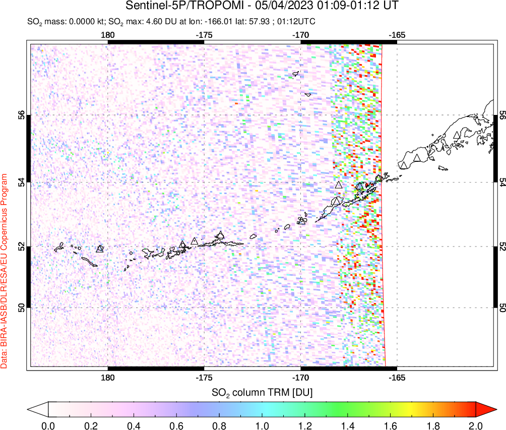 A sulfur dioxide image over Aleutian Islands, Alaska, USA on May 04, 2023.