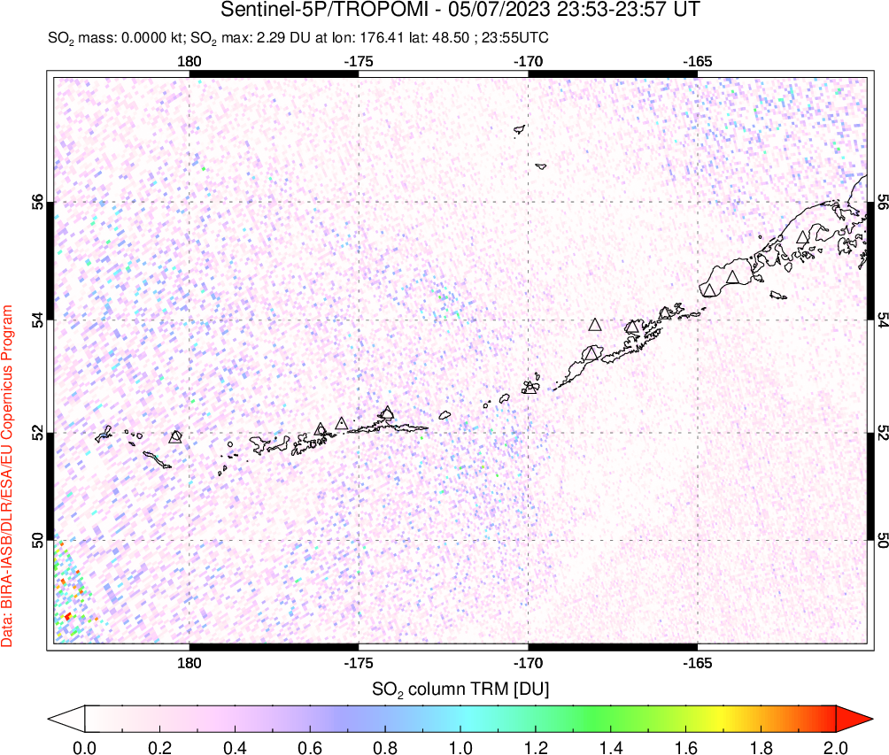 A sulfur dioxide image over Aleutian Islands, Alaska, USA on May 07, 2023.