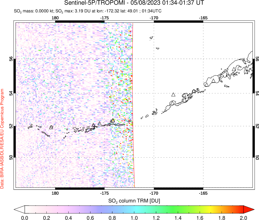 A sulfur dioxide image over Aleutian Islands, Alaska, USA on May 08, 2023.