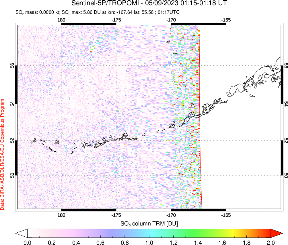 A sulfur dioxide image over Aleutian Islands, Alaska, USA on May 09, 2023.