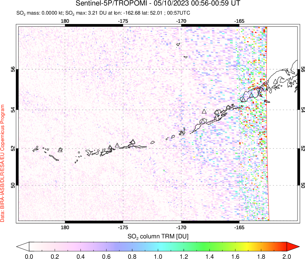 A sulfur dioxide image over Aleutian Islands, Alaska, USA on May 10, 2023.