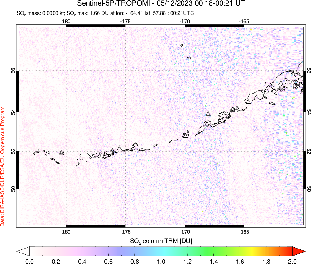 A sulfur dioxide image over Aleutian Islands, Alaska, USA on May 12, 2023.