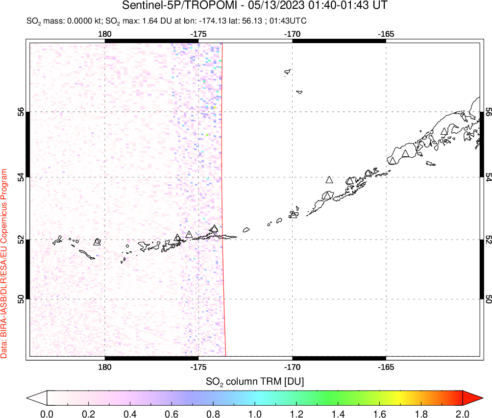A sulfur dioxide image over Aleutian Islands, Alaska, USA on May 13, 2023.