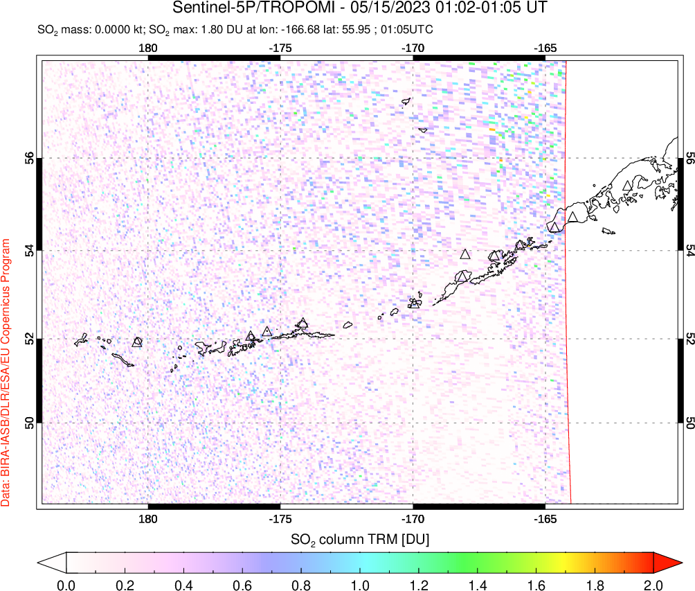 A sulfur dioxide image over Aleutian Islands, Alaska, USA on May 15, 2023.