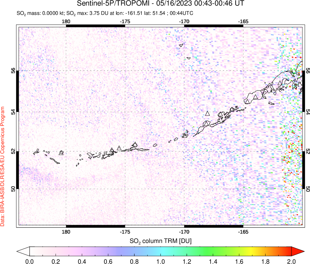 A sulfur dioxide image over Aleutian Islands, Alaska, USA on May 16, 2023.