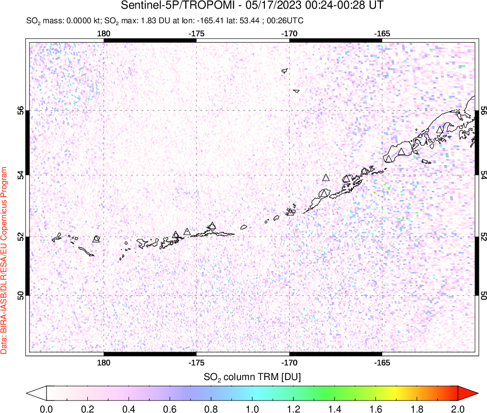 A sulfur dioxide image over Aleutian Islands, Alaska, USA on May 17, 2023.