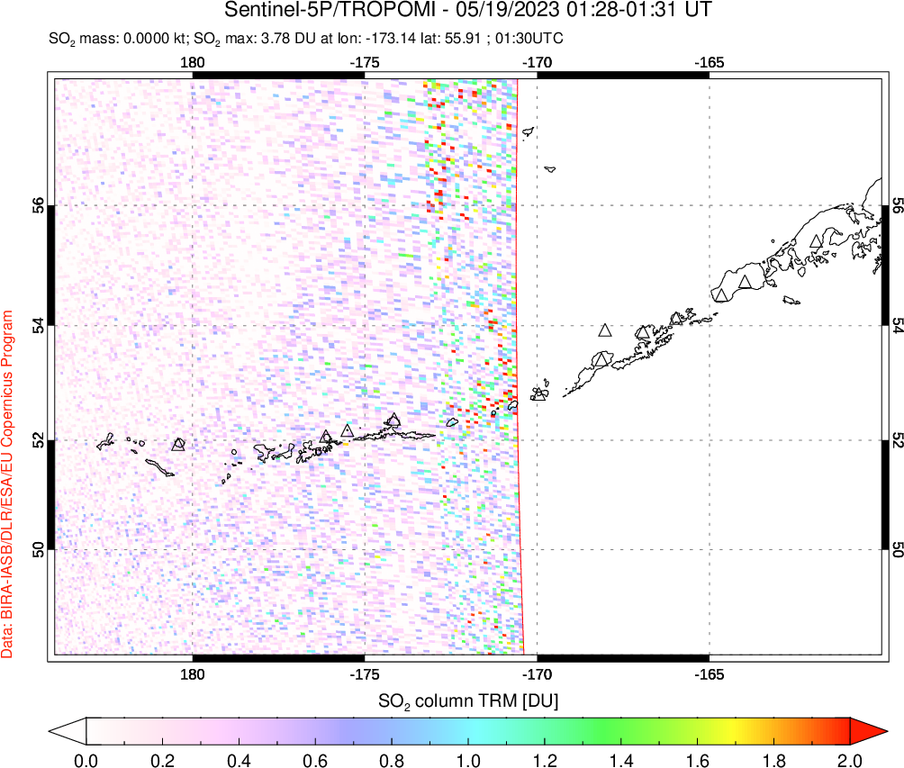 A sulfur dioxide image over Aleutian Islands, Alaska, USA on May 19, 2023.