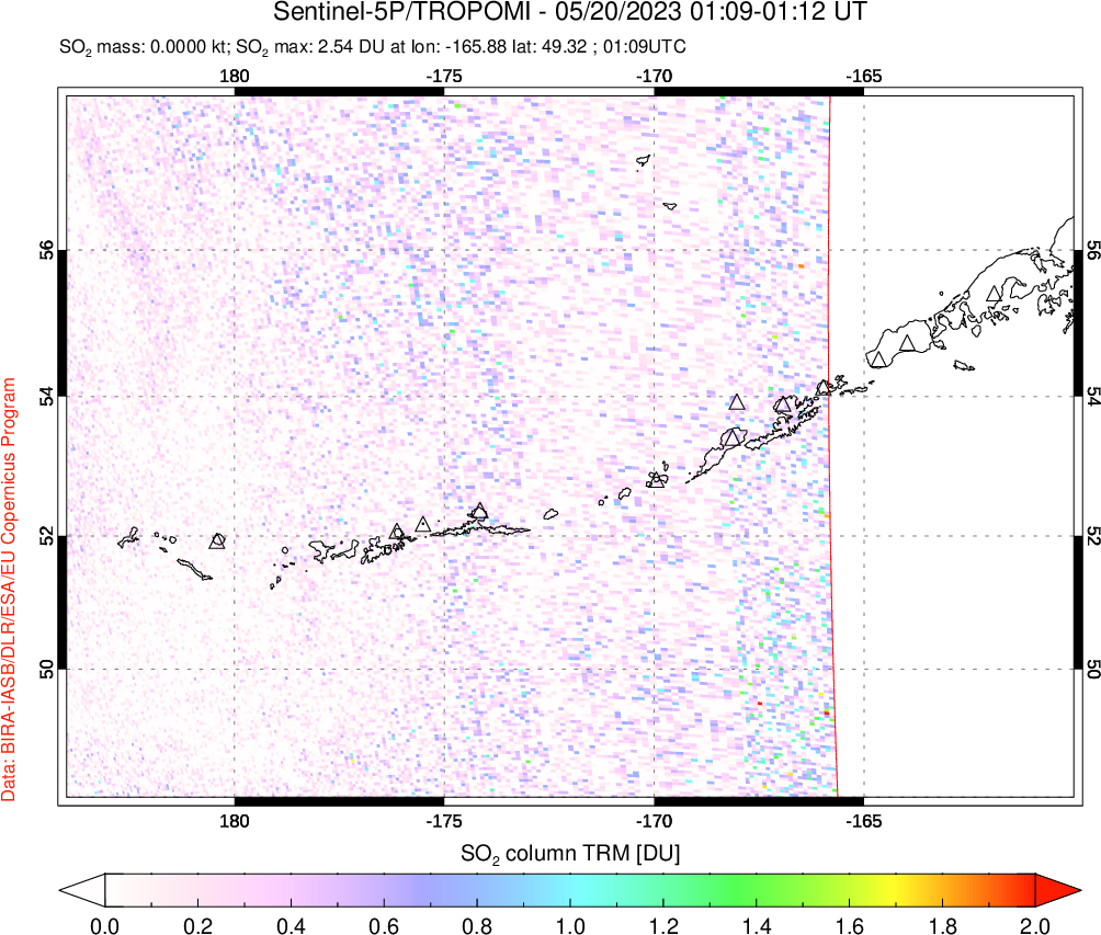 A sulfur dioxide image over Aleutian Islands, Alaska, USA on May 20, 2023.