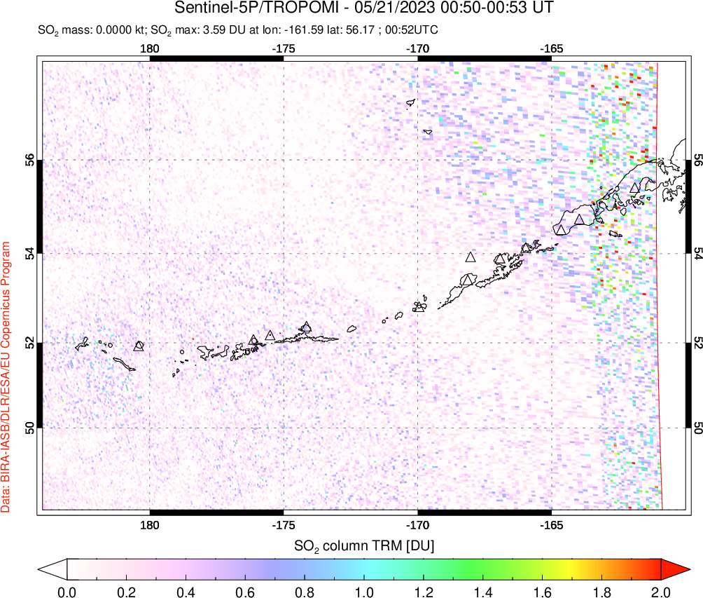 A sulfur dioxide image over Aleutian Islands, Alaska, USA on May 21, 2023.