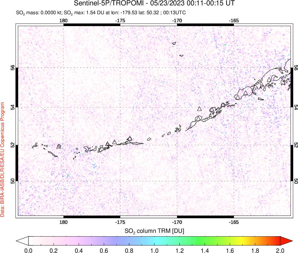 A sulfur dioxide image over Aleutian Islands, Alaska, USA on May 23, 2023.