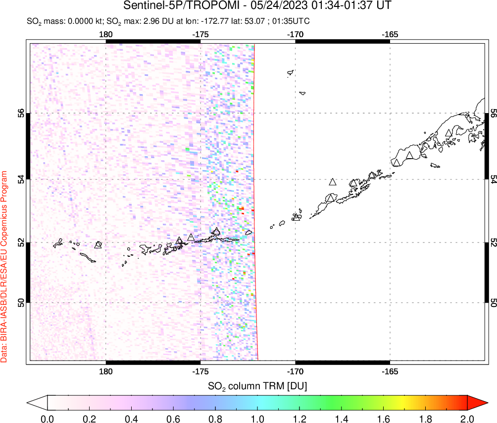 A sulfur dioxide image over Aleutian Islands, Alaska, USA on May 24, 2023.