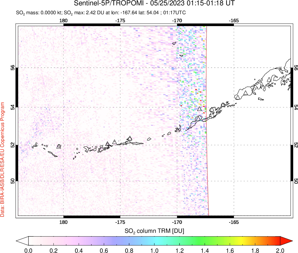 A sulfur dioxide image over Aleutian Islands, Alaska, USA on May 25, 2023.