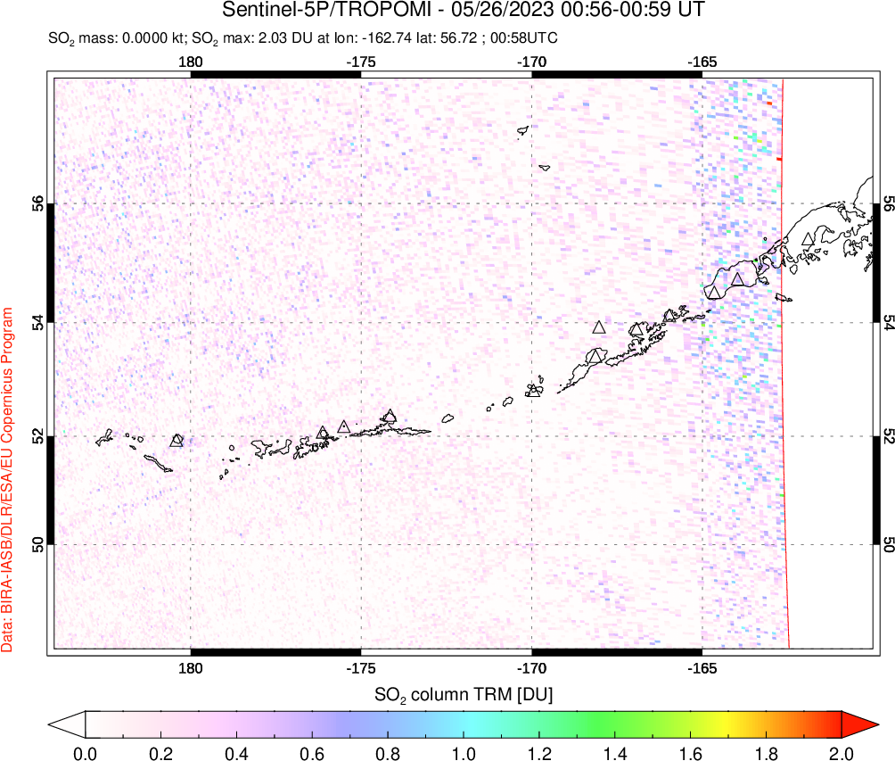 A sulfur dioxide image over Aleutian Islands, Alaska, USA on May 26, 2023.