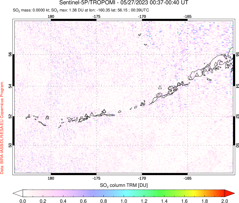 A sulfur dioxide image over Aleutian Islands, Alaska, USA on May 27, 2023.