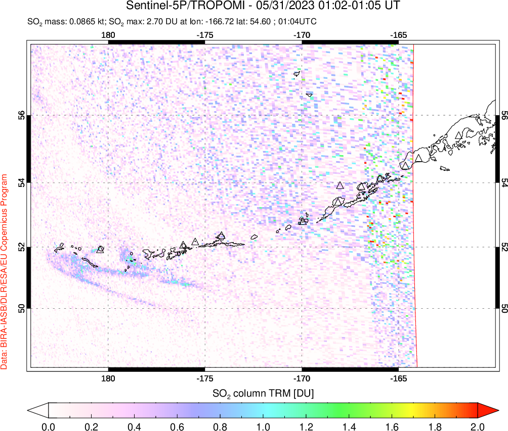 A sulfur dioxide image over Aleutian Islands, Alaska, USA on May 31, 2023.