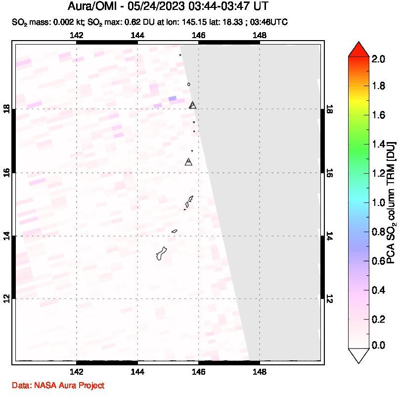A sulfur dioxide image over Anatahan, Mariana Islands on May 24, 2023.