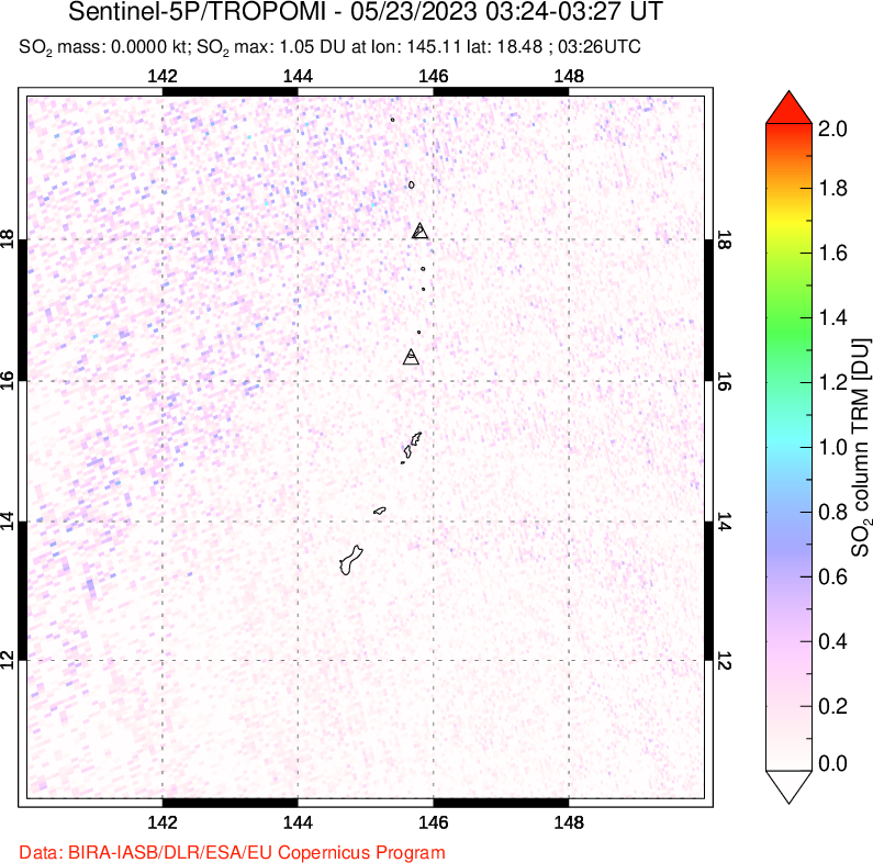 A sulfur dioxide image over Anatahan, Mariana Islands on May 23, 2023.
