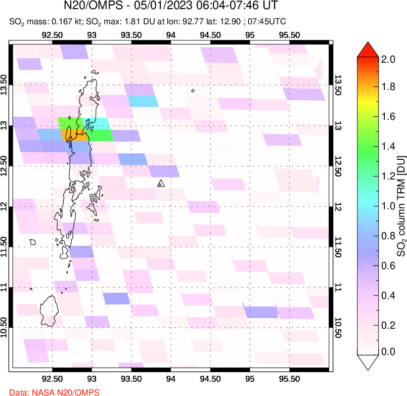 A sulfur dioxide image over Andaman Islands, Indian Ocean on May 01, 2023.