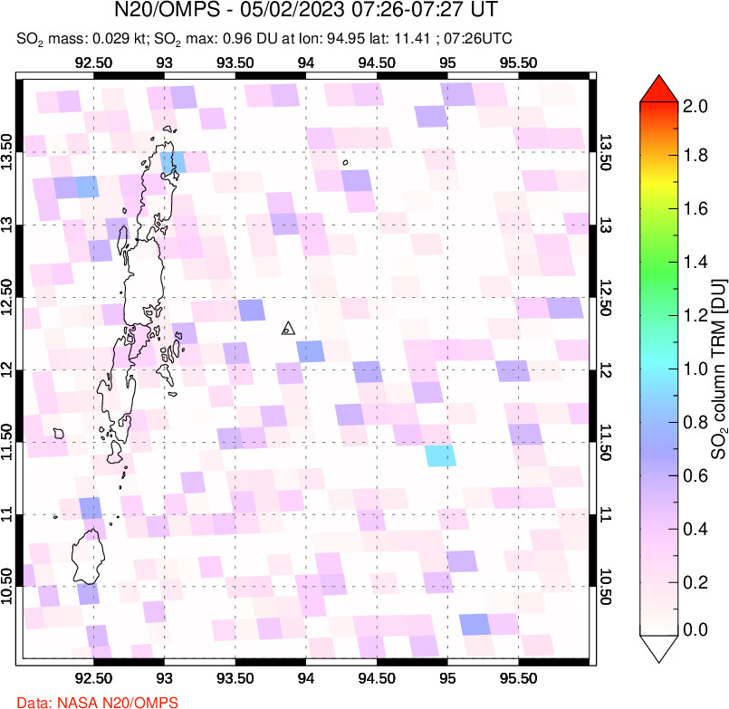 A sulfur dioxide image over Andaman Islands, Indian Ocean on May 02, 2023.