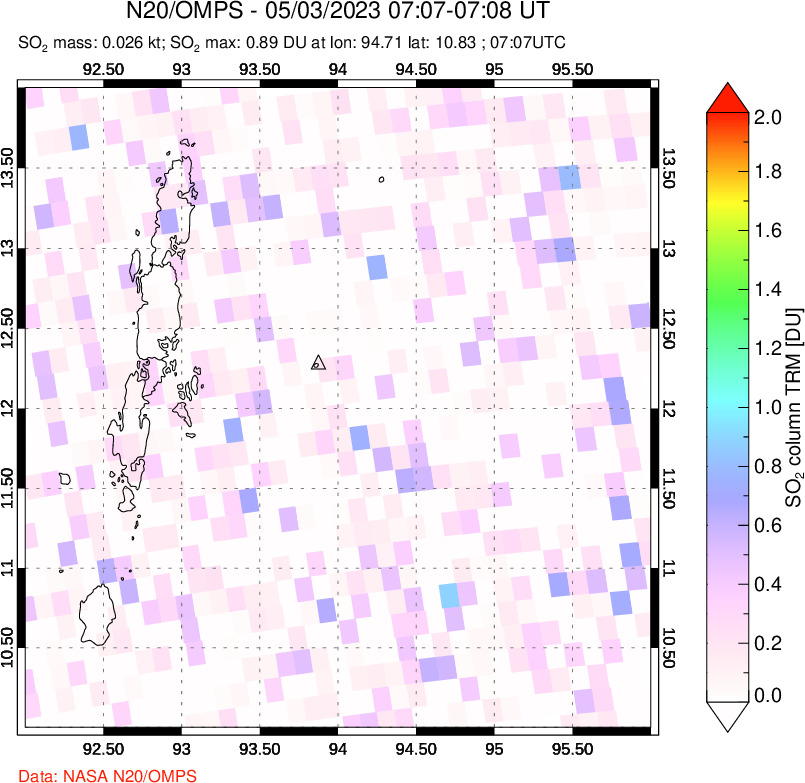 A sulfur dioxide image over Andaman Islands, Indian Ocean on May 03, 2023.