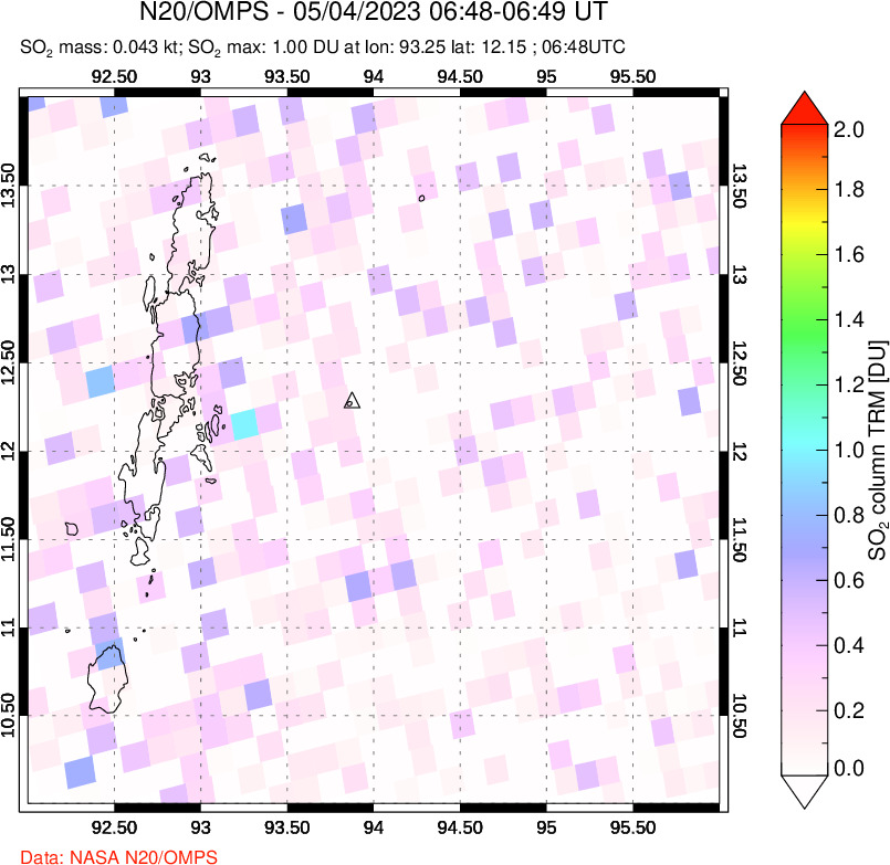 A sulfur dioxide image over Andaman Islands, Indian Ocean on May 04, 2023.