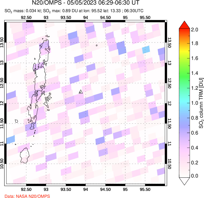 A sulfur dioxide image over Andaman Islands, Indian Ocean on May 05, 2023.