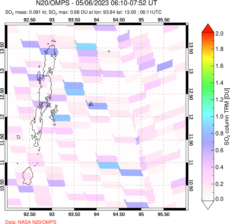 A sulfur dioxide image over Andaman Islands, Indian Ocean on May 06, 2023.