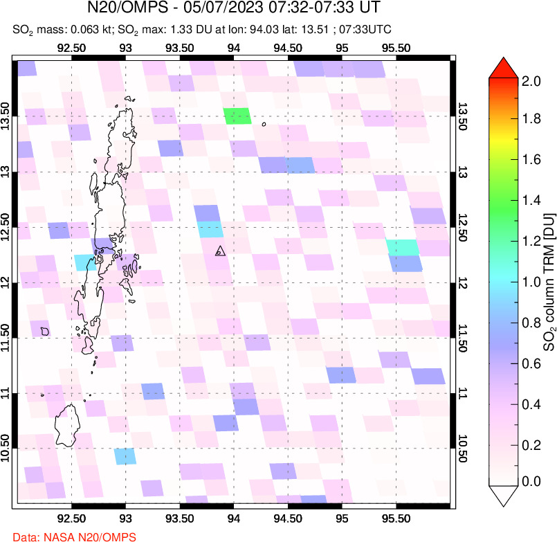 A sulfur dioxide image over Andaman Islands, Indian Ocean on May 07, 2023.