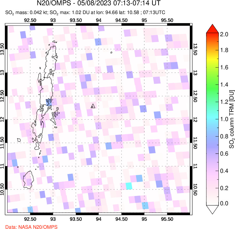 A sulfur dioxide image over Andaman Islands, Indian Ocean on May 08, 2023.