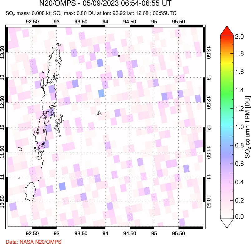 A sulfur dioxide image over Andaman Islands, Indian Ocean on May 09, 2023.