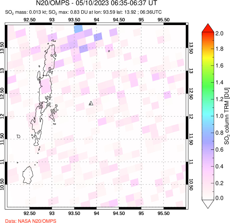 A sulfur dioxide image over Andaman Islands, Indian Ocean on May 10, 2023.