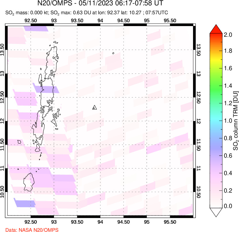 A sulfur dioxide image over Andaman Islands, Indian Ocean on May 11, 2023.