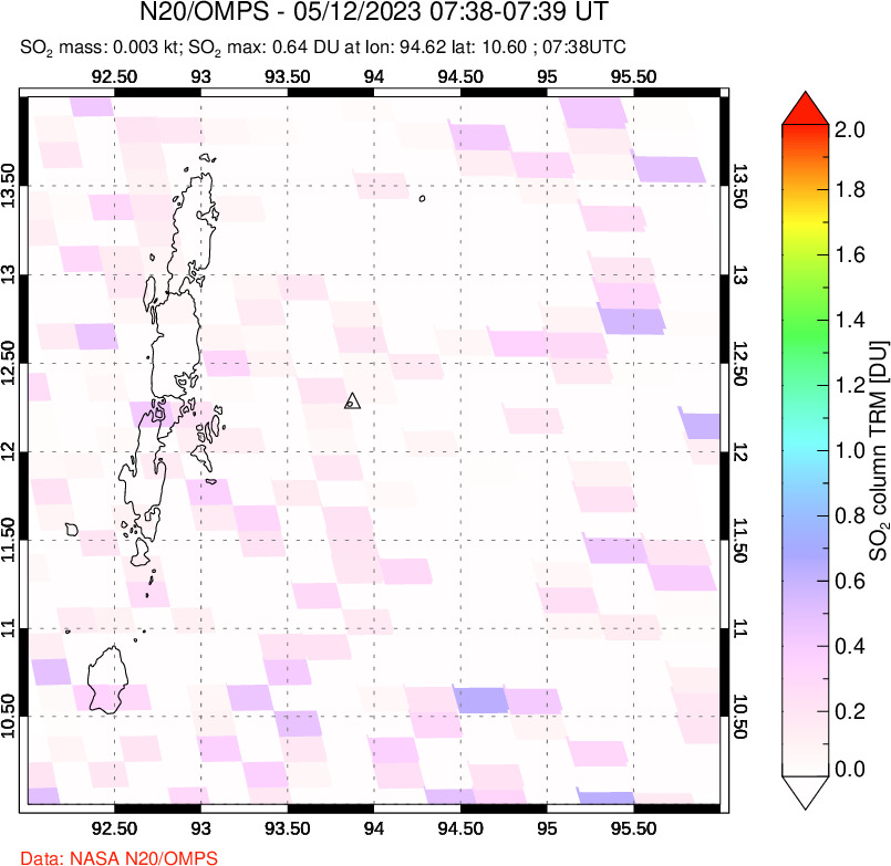 A sulfur dioxide image over Andaman Islands, Indian Ocean on May 12, 2023.