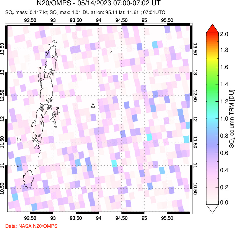 A sulfur dioxide image over Andaman Islands, Indian Ocean on May 14, 2023.