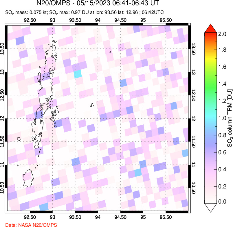 A sulfur dioxide image over Andaman Islands, Indian Ocean on May 15, 2023.