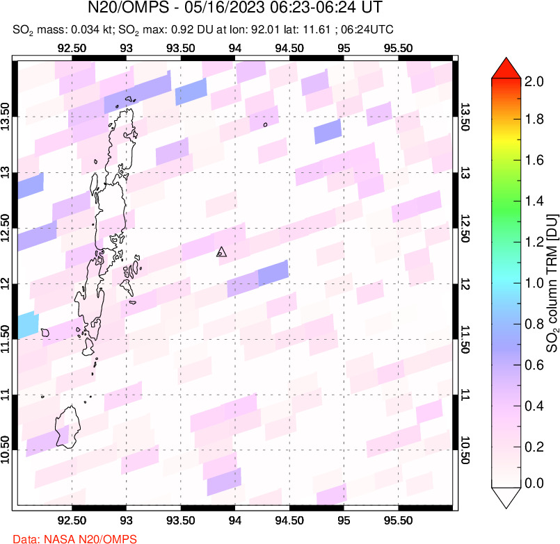 A sulfur dioxide image over Andaman Islands, Indian Ocean on May 16, 2023.