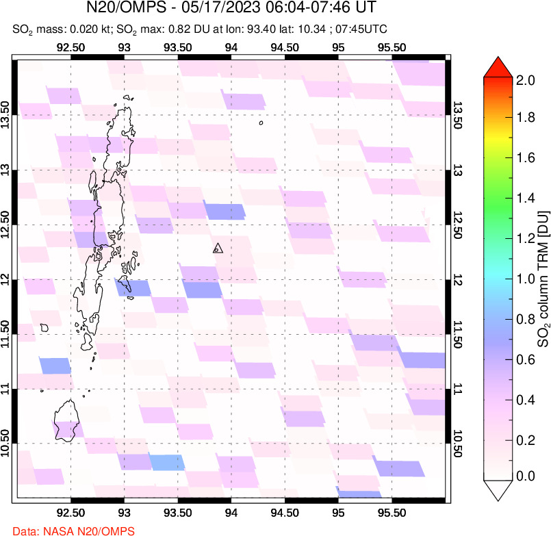 A sulfur dioxide image over Andaman Islands, Indian Ocean on May 17, 2023.