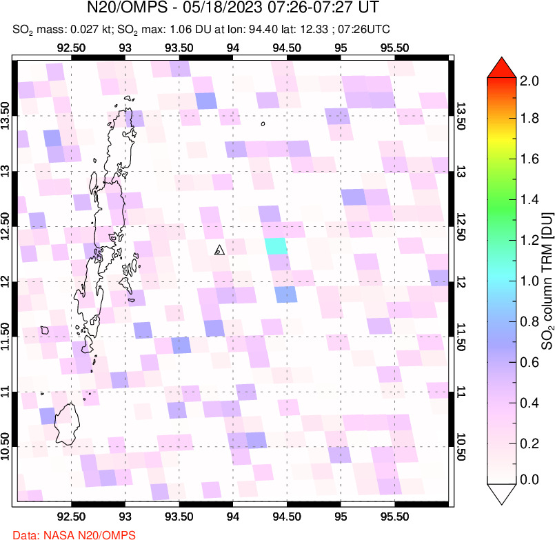 A sulfur dioxide image over Andaman Islands, Indian Ocean on May 18, 2023.