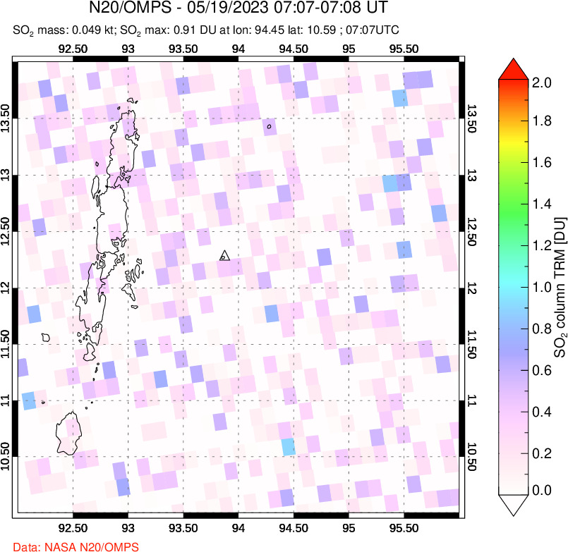 A sulfur dioxide image over Andaman Islands, Indian Ocean on May 19, 2023.