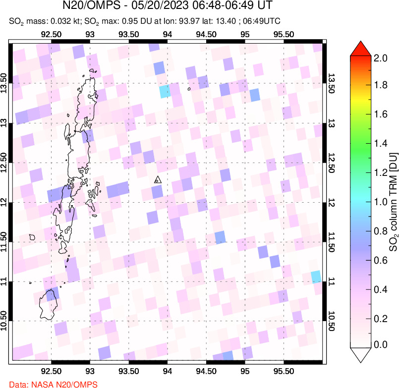 A sulfur dioxide image over Andaman Islands, Indian Ocean on May 20, 2023.